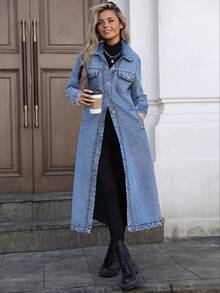 Teen Girl Casual Fashionable Elegant Academic Y2K Style Long Denim Jacket, Suitable For Spring And Autumn - Blue - View 3