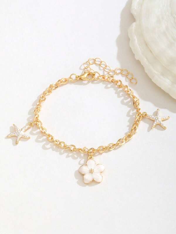 1 bracelet de décoration exquis et doux avec fleur et étoile de mer, bracelet lapin mignon, bracelet pièce ronde, bracelet boucle en fer à cheval en forme de U, convient pour les fêtes de plage d'été des filles, les voyages et les vacances, accessoires de bijouterie, convient pour le port quotidien