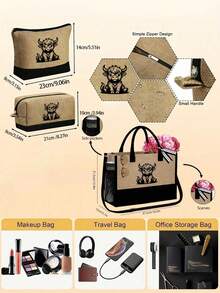 高地奶牛纹沙滩包套装 - 黑色和卡其色配套手提包 + 化妆包 | 大容量可调节肩包，包含方形钱包和帽子 | 多功能旅行收纳包，适合婚礼、度假和日常使用 | 送给女性、妈妈和伴娘的贴心礼物 | 返校必备和母亲节礼物 - 彩色 - 查看 9