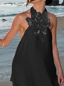 Vestido de satén negro sexy con cuello halter, vestido maxi de satén con bordado floral y espalda descubierta adecuado para vacaciones de verano en la playa, vestido elegante y glamuroso para graduación, regreso a la escuela, vestido de noche para la temporada de bodas, San Valentín, vacaciones en la playa, #VibesDePlayaMarítima #MiradasDeParty #VestidoDeGalán #SexyVestidosNegros