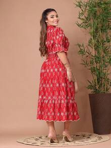 Women's Fashion Midi Dress In 3D Laise Fabric With Elastex On The Back And Button On The Front And Lining - 雙色紅. - 查看 3