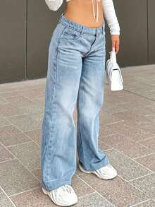 Chicsale Ladies Fashion Jeans, High Waist Sexy Loose Straight Jeans, Ladies - 淺色水洗藍 - 查看 2