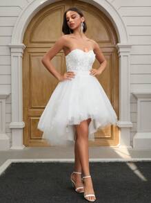 YUMIBRAVO Ballet Style White Dresses For Women Elegant Wedding Dress Romantic Appliques Wedding Dress Bridal Short Prom Dress Low Hem Graduation Dress Ball Gowns Woman Formal Dress Elegant Bridal Dresses For Summer Wedding Party