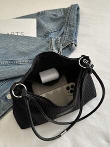 2025 New Casual Large Capacity Crease Striped Fresh Commuting Solid Color Shoulder Underarm Handbag - Black - View 10