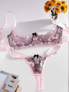 2pcs French Gentle And Sweet Floral Embroidery Mesh Splicing Open Cup Bra With Crotchless Panty Sexy Lingerie Set For All Seasons, Suitable For Couples' Vacation Dates, Honeymoon, Bachelor Parties, Private Parties, Role-Playing Wear, Giving Holiday Gift To Girlfriend - 粉色 - 查看 5