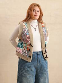 Rusttydustty Giacca smanicata bohémien con stampa geometrica colorblock e patchwork, calda e alla moda, adatta per l'autunno/inverno - Moka Marrone - Visualizzare 6