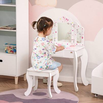  HOMCOM Toeletta per Bambini con Sgabello in Legno, Tavolo Trucco con Triplo Specchio e Cassetto, 63x40x85.5cm, Bianco