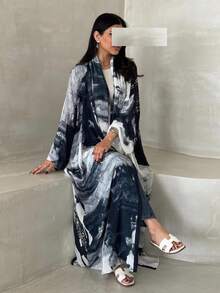 朴素时尚雪纺印花开衫长袍，穆斯林女性服装，带头巾 - 藍色 - 查看 2