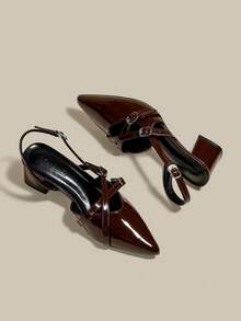 Women's Coffee Brown Patent Leather Pointed Toe Single Strap Chunky Heel Pumps, Elegant Pointed Toe Formal High Heels, Fashion Slingback High Heel Shoes