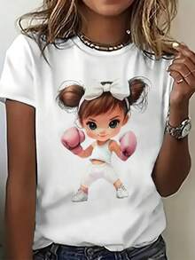 Women's Round Neck T-Shirt With Girl And Boxing Print, Fashion Women's T-Shirt With Boxing And Pink Gloves Print, Casual Short Sleeve T-Shirt, Promotion Women's Top, Comfort For All Seasons - 白色 - 查看 1