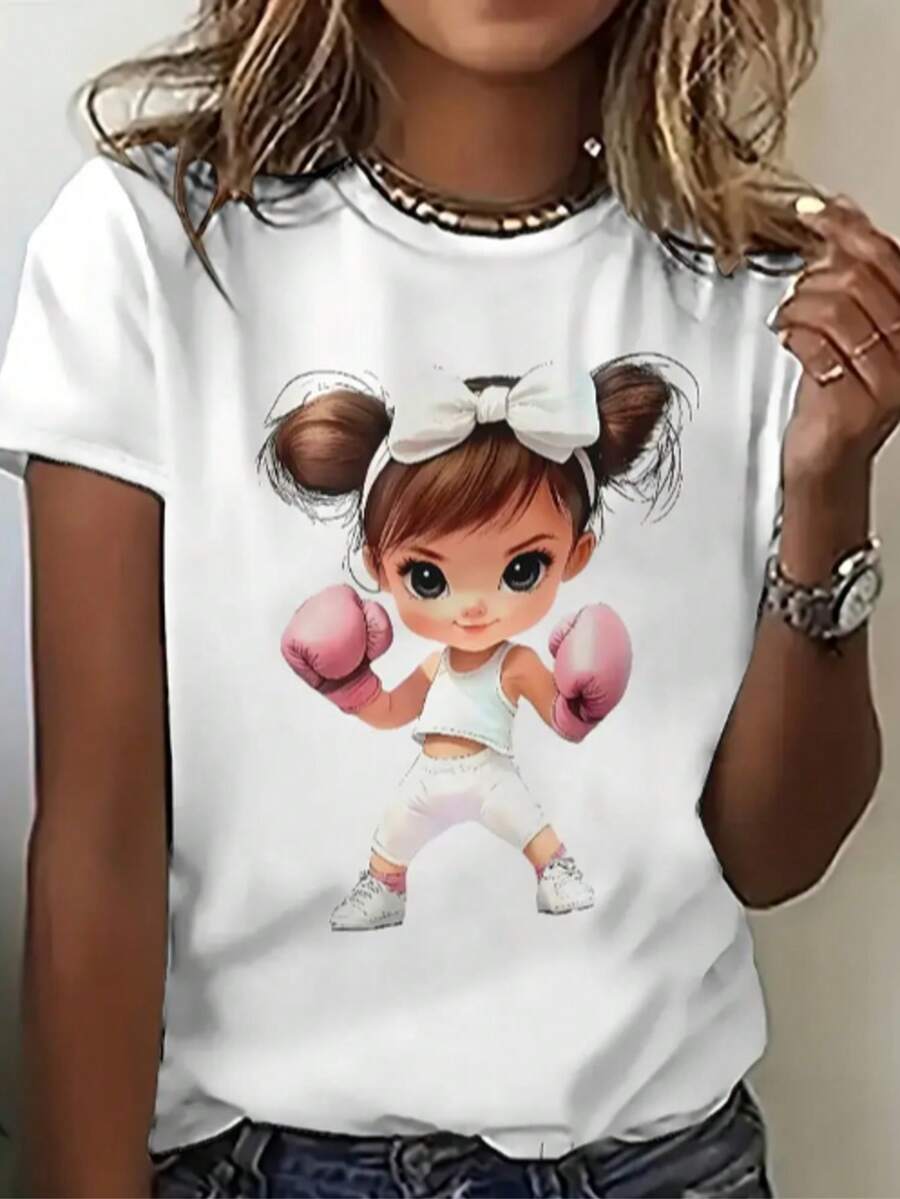 Women's Round Neck T-Shirt With Girl And Boxing Print, Fashion Women's T-Shirt With Boxing And Pink Gloves Print, Casual Short Sleeve T-Shirt, Promotion Women's Top, Comfort For All Seasons - 白色 - 查看 1