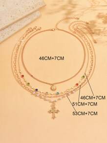 4 件套时尚玻璃水钻手工链条项链，简约十字架吊坠装饰，适合日常穿搭和拍照，水钻排列随意，链长可变