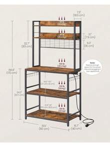 Kitchen Storage Rack With Power Outlet, Coffee Bar, Baker's Rack, With Metal Wire Panel, 14 Hooks, For Microwave, Steel Frame, 40 X 80 X 170 Cm, Rustic Brown And Ink Black - UK Plug(220-240V) - View 7