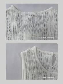 Vestido largo versátil de mujer de moda casual minimalista y elegante, adecuado para la temporada de regreso a clases/estilo vintage/comodidad casual/estilo de vacaciones/Estilo bohemio, con corbata en la cintura, diseño de malla jacquard hollow-out - Blanco - Ver 5