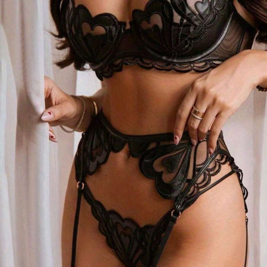 Women Lace Mesh Embroidery Sexy Underwear Push-Up Suspenders Three-Piece Set - màu đen - Xem 1