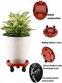 Large Plant Caddy With Wheels 13" Rolling Wheeled Plant Stands Heavy-Duty Plastic Flower Pot Roller Base Movers Indoor Outdoor Planter Dolly With Casters Trolley, Red