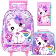 3件套女孩拉杆背包，儿童滚轮书包，带午餐袋的小学生拉杆书包 - 猫咪