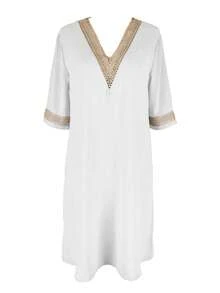Women's Elegant Lace V-Neck Short Sleeve Casual Dress, Spring/Summer - White - View 2