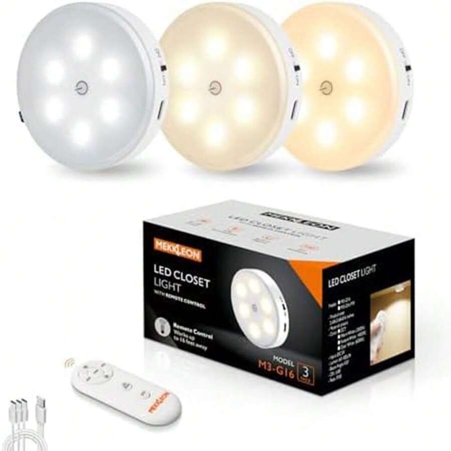 Set Of 3 USB Rechargeable LED Spotlight With Remote Controls, 3 Colours Dimmable, Magnetic, Wireless LED For Kitchen, Hallway, Stairs, Cupboard (CCT) - Multicolor - View 1