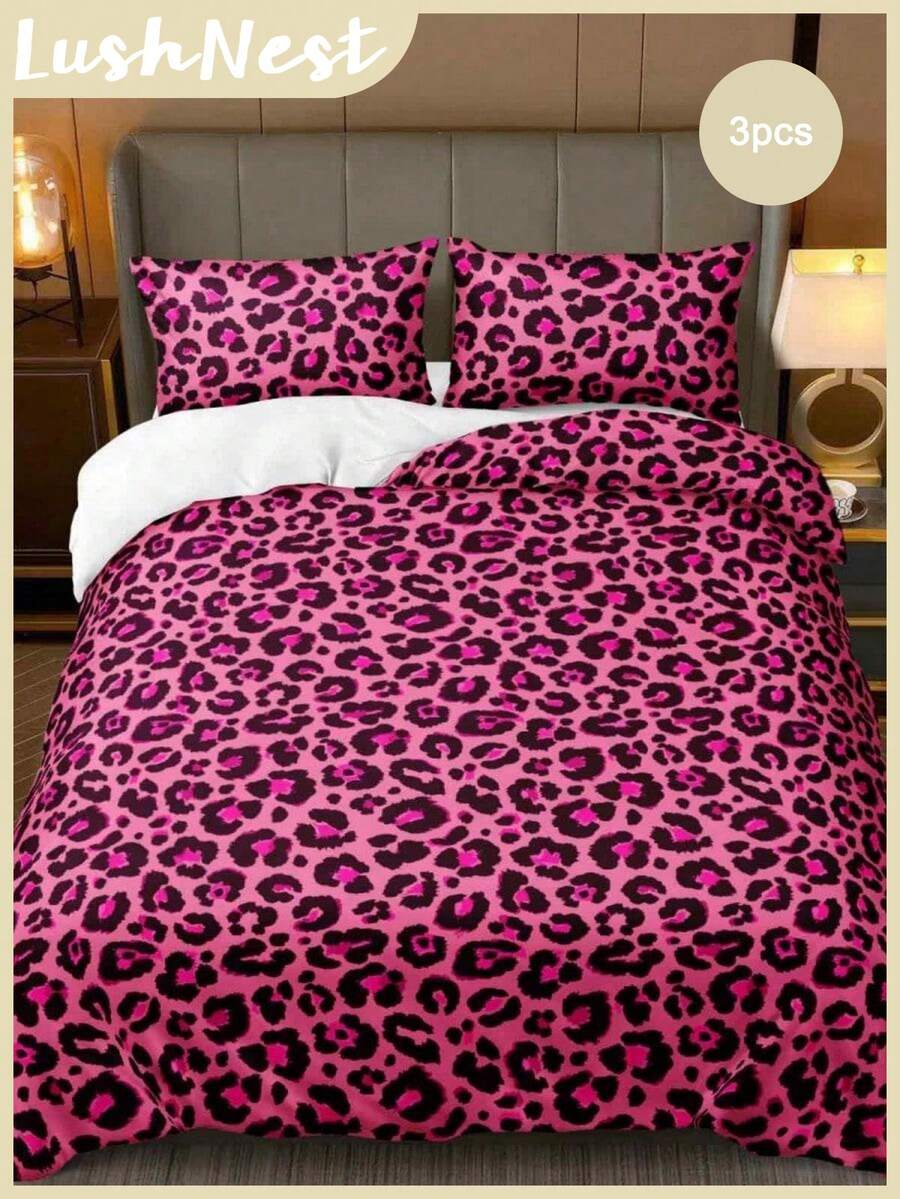 3pcs Pink Leopard Print Bedding Set (1 Duvet Cover + 2 Pillowcases, Comforter Not Included), Daily Use Soft & Skin-Friendly Polyester Fabric, Suitable For All Seasons Indoor Bedroom, Eye-Catching Animal Print Pattern, Bedding - Pink - View 1