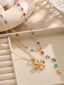 1/2pcs Fashionable & Elegant Colorful Crystal Flower Y-Shaped Necklace Set, Suitable For Party, Banquet, Date, Vacation, Daily Wear