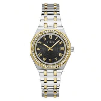 Guess ساعة نسائية كوارتز إليغانت من ديزاير GW0770L4 ، تصميم حديث بإطار دائري أسود وسوار من الفولاذ المقاوم للصدأ ثنائي اللون ، مجموعة حالة ساعة موشاة بالكريستالات ، مناسبة للاستخدام اليومي والحفلات والأعمال ، هدية مثالية للنساء