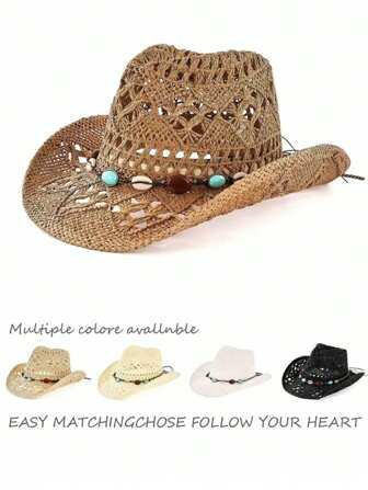 1 pieza Sombrero de Panamá casual de estilo bohemio de unicolor con cuentas, decoración hueca de piedras preciosas, sombrero de paja trenzada de malla, de moda y versátil, adecuado para todas las estaciones