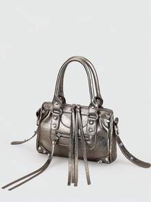 1个枪灰色拼接铆钉金属流苏拉链装饰复古PU材质肩带铆钉双提手可调节长肩带拉链闭合时尚复古甜美朋克Y2K风格方形手提包，休闲低调奢华女士斜挎包，可装手机、卡包，适合日常、旅行、购物 - 槍色 - 查看 9