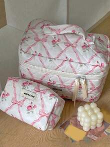 3pcs/Set Pink Bow Knot & Rose Design Quilting Cosmetic Bag, Fashionable Portable Makeup Bag, Multi-Functional Storage Bag For Lipstick, Sanitary Napkin, Coins, Keys Etc, Large Capacity Lovely Wash Bag For Travel Organizer Cosmetic Bag For Travel, Mother's Day Gift Back To School Autumn University Essentials Travel Essentials Holiday Vacation Travel Bag For Women Makeup Organizer