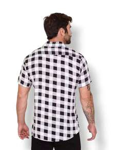 New Men's Short Sleeve Social Plaid Shirt - Black and White - View 2