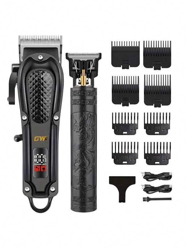GW 2pcs Cordless Hair Clipper Set, Men's Hair Clipper Set, Wireless Haircut Kit, Barber Set, Rechargeable Hair Clipper And Trimmer Set, Professional Barber Hair Clipper Set With LED Display, Gift For Men