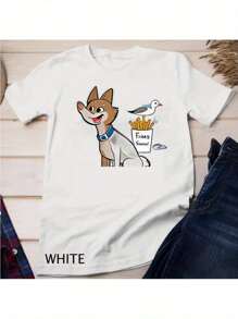 Front Fun Dog Fries Pattern Print Round Collar Short Sleeve T-Shirt Top Comfort Breathable Fabric Leisure Sports Style Men 100% Cotton Street Wear T-Shirt (Choose A Larger Size To Get A Looser Effect)