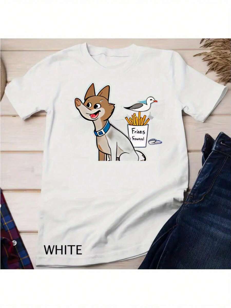 Front Fun Dog Fries Pattern Print Round Collar Short Sleeve T-Shirt Top Comfort Breathable Fabric Leisure Sports Style Men 100% Cotton Street Wear T-Shirt (Choose A Larger Size To Get A Looser Effect)