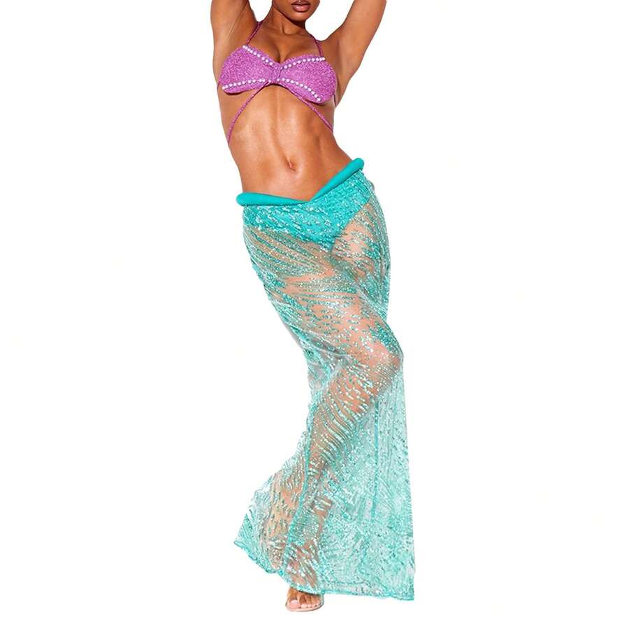 Women Mermaid Halloween Cosplay Costume, Halterneck Pearled Bra With Sequined Sheer Skirt 2-Piece Outfit - Blue - View 1