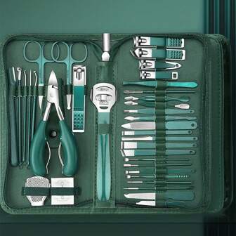 [7-35 delar nagelvårdskit] Professionellt nagelvårdskit i rostfritt stål med bärbart resefodral | Manikyrset med nagelklippare, nagelbandssax och nagelfilar | Pedikyrverktyg för hemmabruk och resor, nageldekorationer