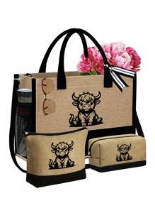 高地奶牛纹沙滩包套装 - 黑色和卡其色配套手提包 + 化妆包 | 大容量可调节肩包，包含方形钱包和帽子 | 多功能旅行收纳包，适合婚礼、度假和日常使用 | 送给女性、妈妈和伴娘的贴心礼物 | 返校必备和母亲节礼物 - 彩色 - 查看 12