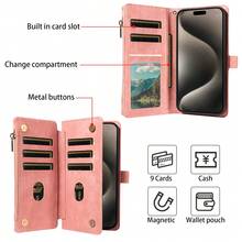 eaacaa 1 pieza Funda de cartera con tapa vintage con múltiples ranuras para tarjetas, correa de muñeca, protección antichoque y antirrobo para iPhone 17 Pro Max/17 Pro/AIR/17/17e/16 Pro Max/15/14/13/12/11, Serie A16 - Rosa - Ver 4