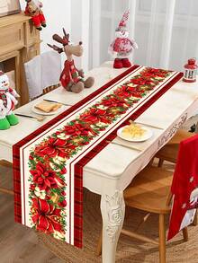 1pc 35*180cm/13.78*70.87inch Christmas Table Runner, Holiday Fabric Decor Tablecloth, Red Bow & Christmas Flower Pattern Long Table Topper, Suitable For Christmas Home Decoration