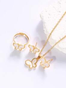1 Set minimalistischer Stil Ohrringe, Ring, Halskette 4-teiliges Schmuckset, Schmetterling kreatives Harz-Einlegedesign, geeignet für Bankette, Partyanlässe