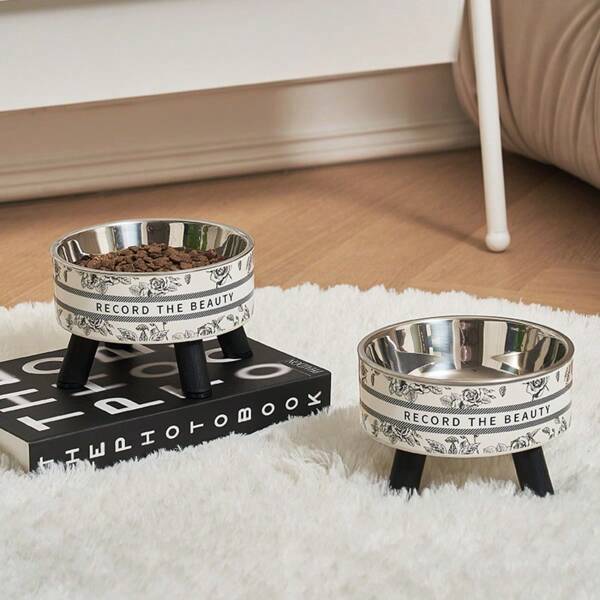 1pc Elevated Pet Bowl Resistant Non Tip Plastic Single Bowl With Optional Steel Basin Food Water Dish Cartoon Cat Retro Flower Design For Cat Small Dog Cat Accessories Cat Stuff Puppy Keep Cat Bowl Pet Supplies Cat Food Bowl