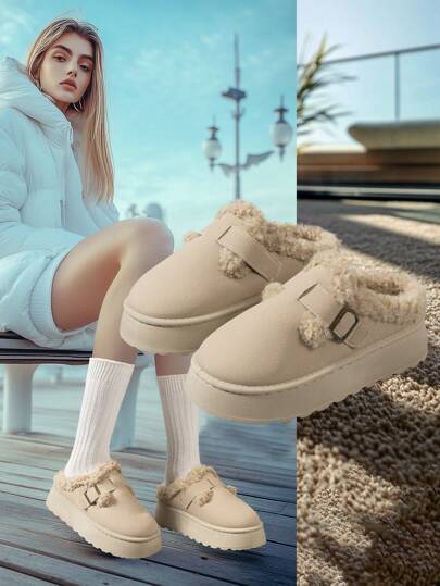 Pantuflas tipo mula nuevas para mujer 2025, de piel sintética beige, para uso en exteriores en invierno, con forro grueso, cálidas, suela gruesa, correa con hebilla, plataforma, pantuflas de nieve talla grande