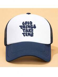 一件装 男士浅灰色艺术文字印花休闲可调节户外棒球网帽卡车司机帽 - 淺灰色 - 查看 4