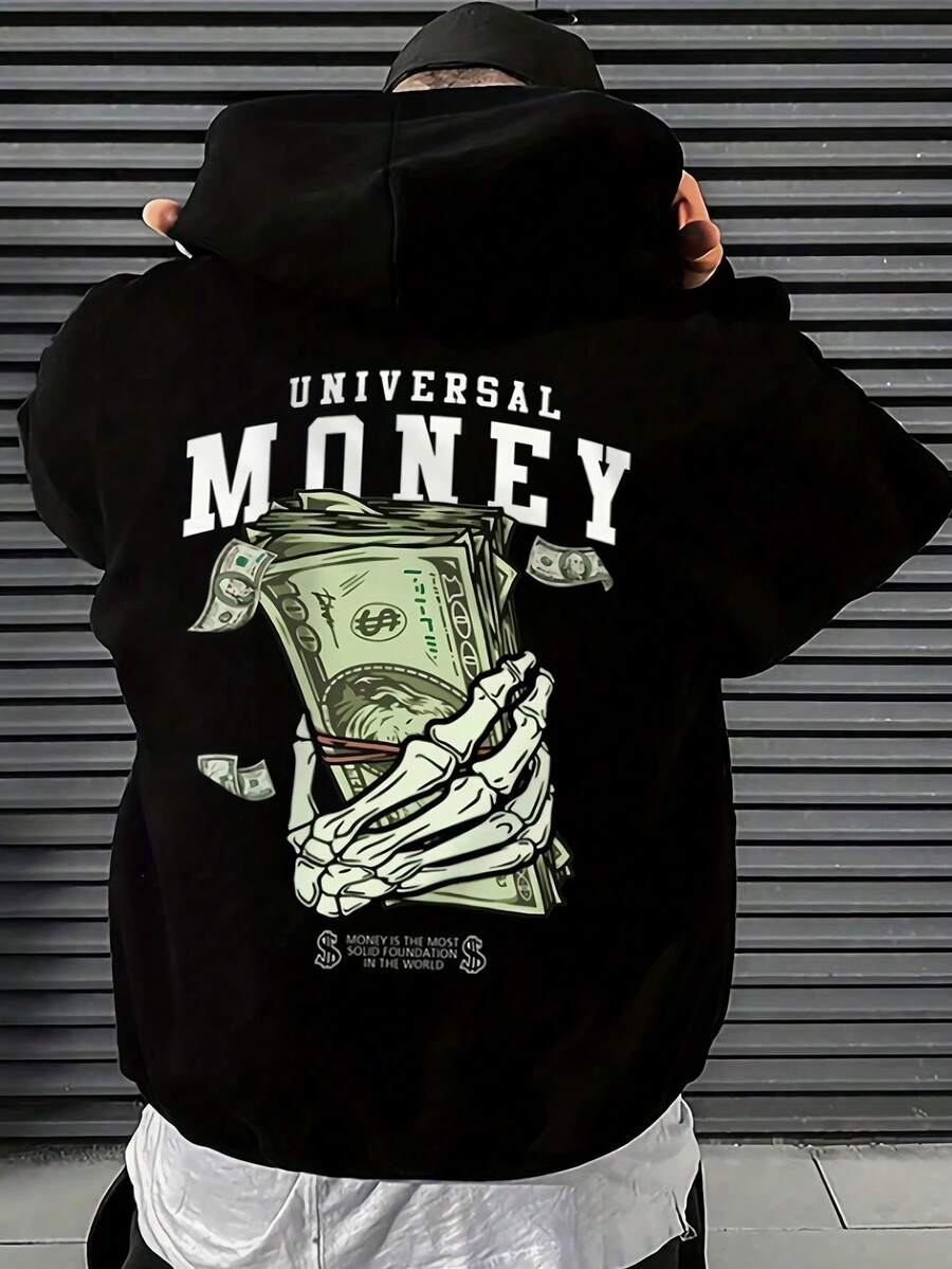 Sudadera con capucha gráfica casual para hombres Universal Money - Poliéster suave, diseño de billetes de dólar y manos de esqueleto, ajuste relajado para otoño y primavera, ropa casual de otoño | Sudadera de Corte Relajado | Fibra de poliéster, sudadera esencial - Negro - Ver 1