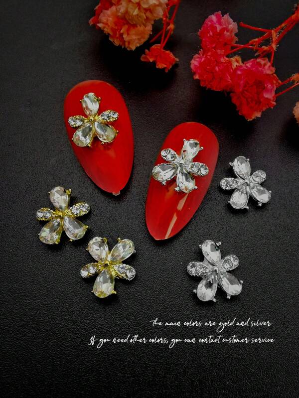 10pcs 5-Petal Flower Rhinestone Nail Art Decorations, 3D Metal Flower Crystal Glass Nail Decals Suitable For Girls And Women
