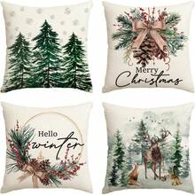 4 buah Sarung Bantal Pohon Natal, Rusa Kutub, Kepingan Salju, Sarung Bantal Sofa Dekoratif Musim Dingin Bertema Buah Berry Merah Natal, Satu Sisi Tanpa Isian Bantal - Hijau - View 1