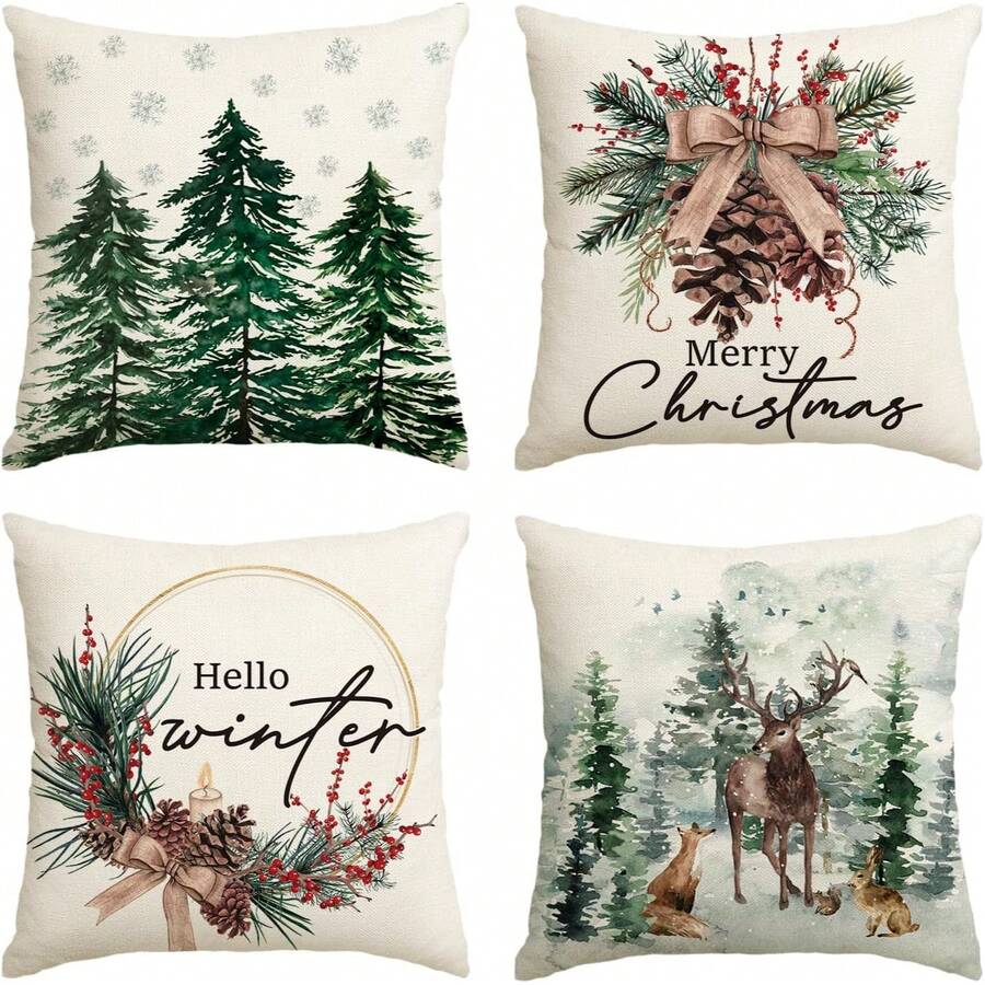 4 buah Sarung Bantal Pohon Natal, Rusa Kutub, Kepingan Salju, Sarung Bantal Sofa Dekoratif Musim Dingin Bertema Buah Berry Merah Natal, Satu Sisi Tanpa Isian Bantal - Hijau - View 1