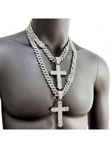 1 件重型超大 3D 吊坠，镶满水钻，双层厚十字架吊坠，14 毫米宽菱形链项链，白色 - 查看 1