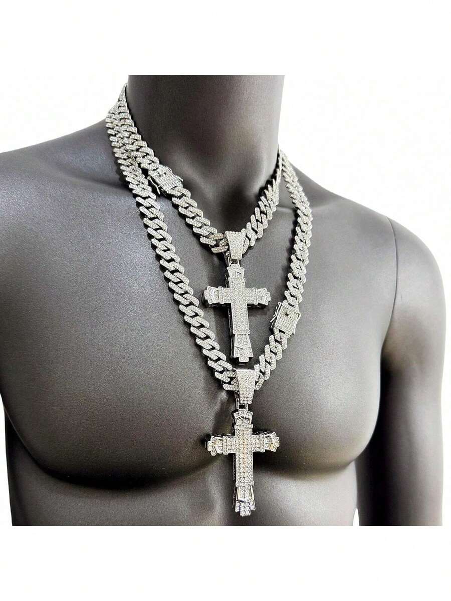 1 件重型超大 3D 吊坠，镶满水钻，双层厚十字架吊坠，14 毫米宽菱形链项链，白色 - 查看 1