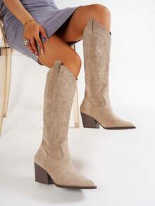 New Vintage Suede V-Cut Pointed Toe Chunky Heel Anti-Slip Western Embroidered Versatile Riding Boots For Women - Khaki - View 4