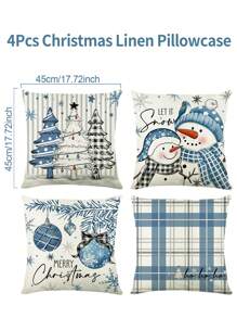 4 pièces Taie d'oreiller en lin de Noël, Housse de coussin Joyeux Noël avec sapin de Noël, bonhomme de neige, boule de Noël et motif à carreaux, Housse de coussin 45*45cm (Hors rembourrage), Décorations de Noël, Décoration de fête de Noël